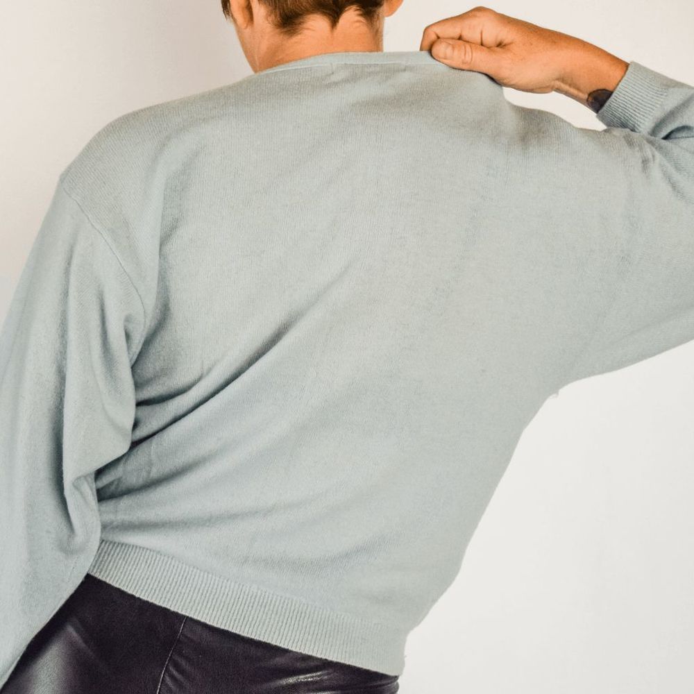 Vintage Baby Blue Lambswool Long Sleeved Sweater with Lace Bib